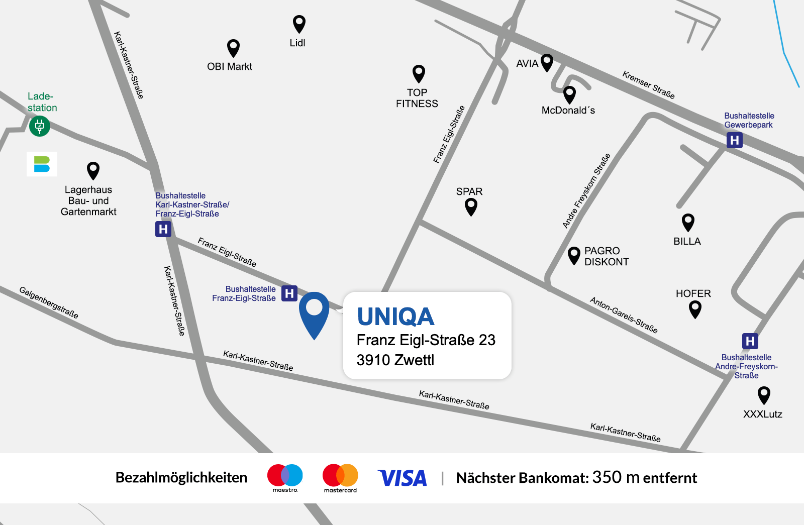 Eine Gezeichnete Karte vom Standort der UNIQA Generalagentur Waldviertel.